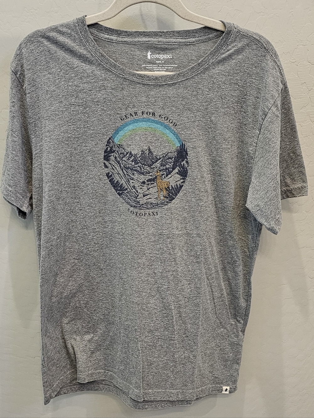 Cotopaxi Gray Short Sleeve Tee with Mountain Graphic and Rainbow